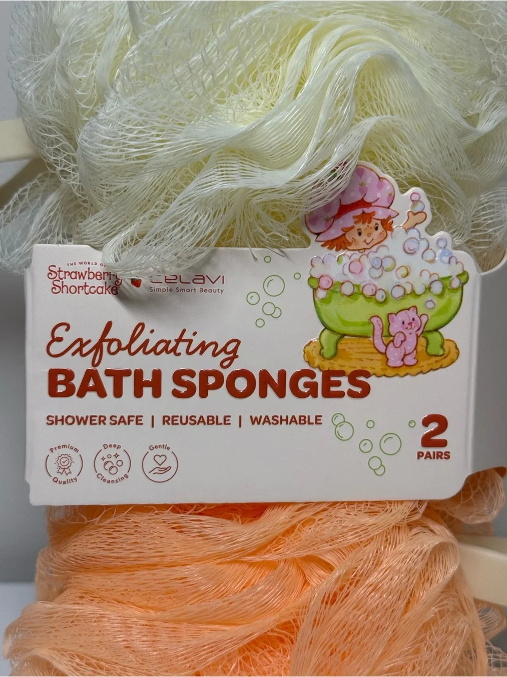 Strawberry Shortcake X Celavi Exfoliating Bath Sponges Loofa 2pk Orange White